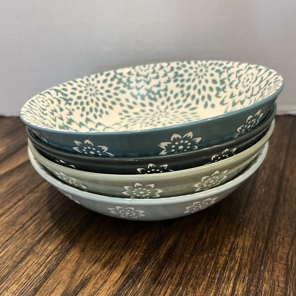 4 Signature Housewares Stoneware Bowls coastal blue green pattern 8" x 2" tall